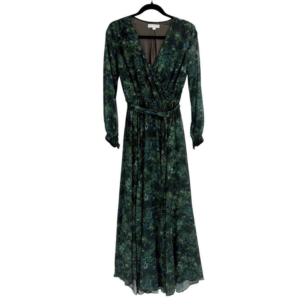 Ivy City Co Laney Green Watercolor Tiered Bishop Sleeve Maxi Sundress Size Small - Picture 2 of 6